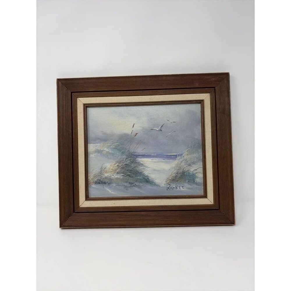 Vintage Ramirez Signed Beach Ocean Landscape Oil on Canvas Painting Mid Century
